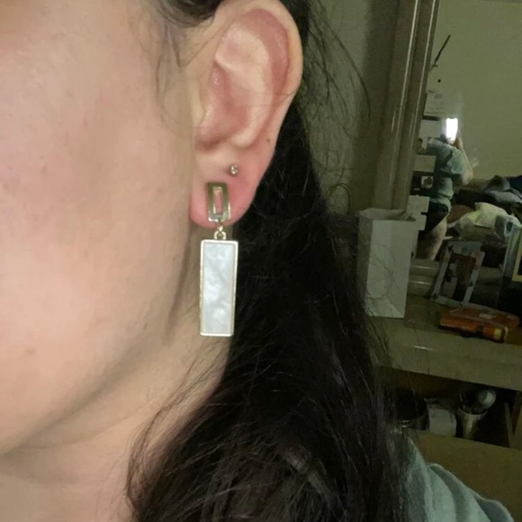 Geometric Rectangular White & Gold Drop Earrings | Minimalist Statement Jewelry - Picture 10 of 16